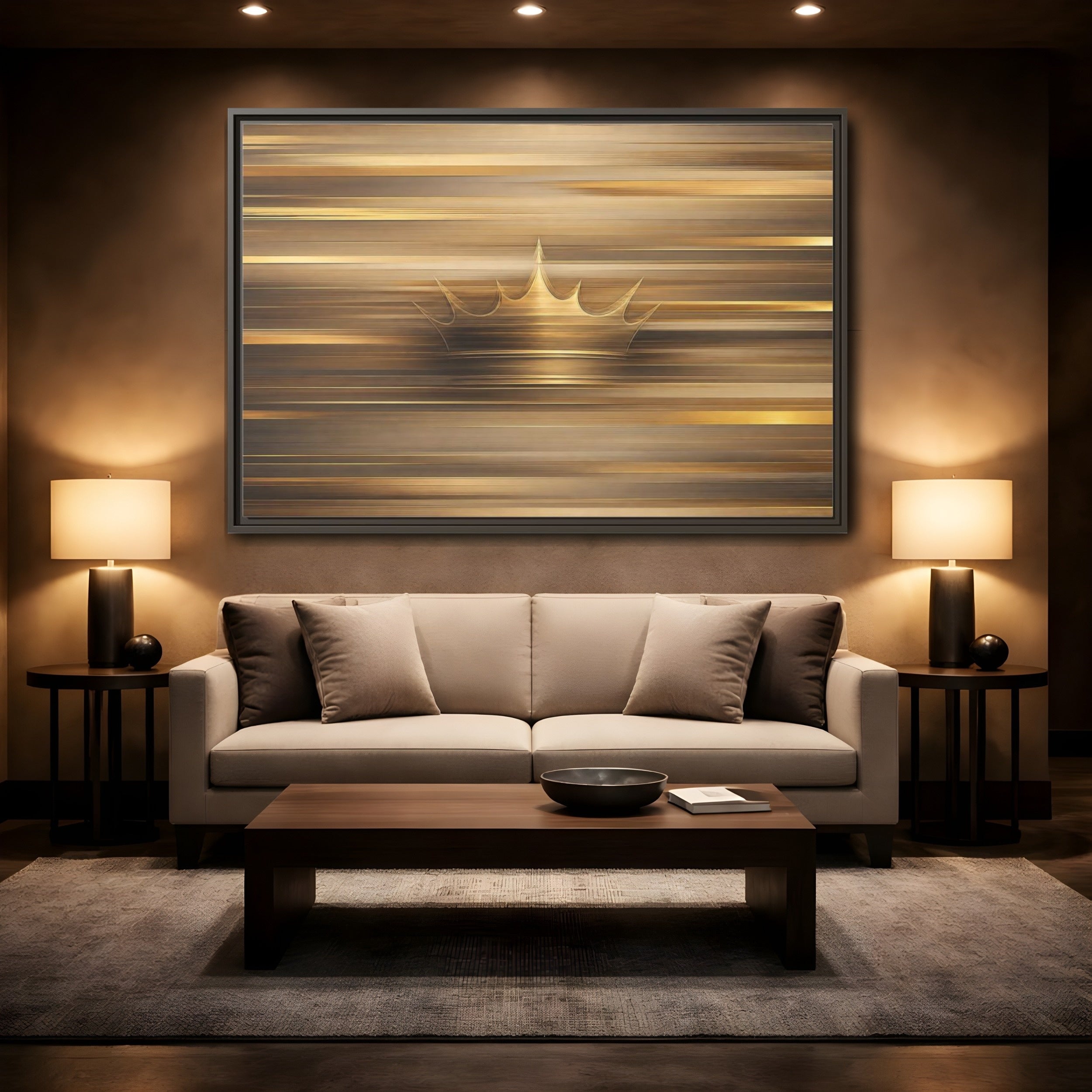 Mockup 2. Abstract Crown Gold And Brown shown as stretched canvas wall art