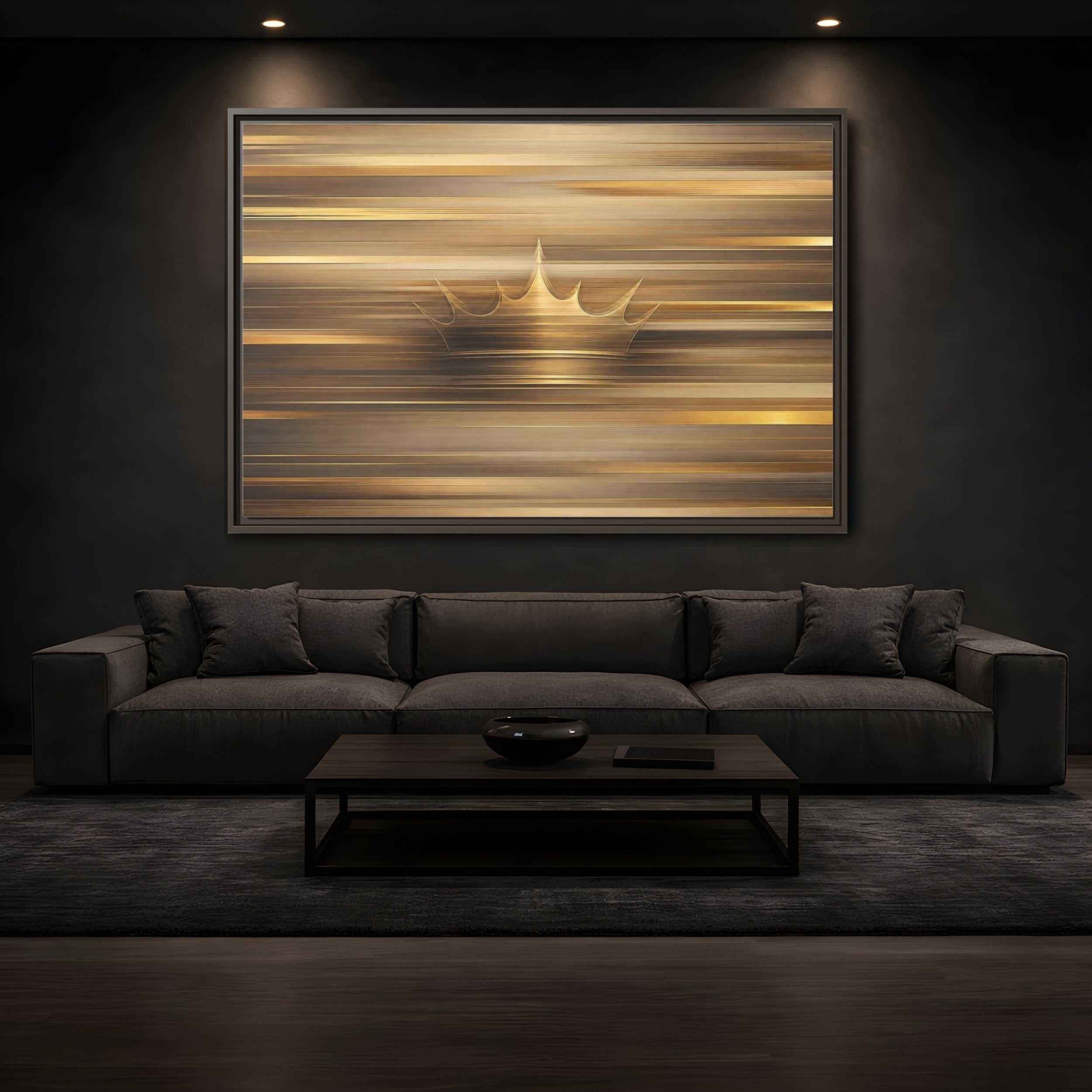 Mockup 3. Abstract Crown Gold And Brown shown as stretched canvas wall art