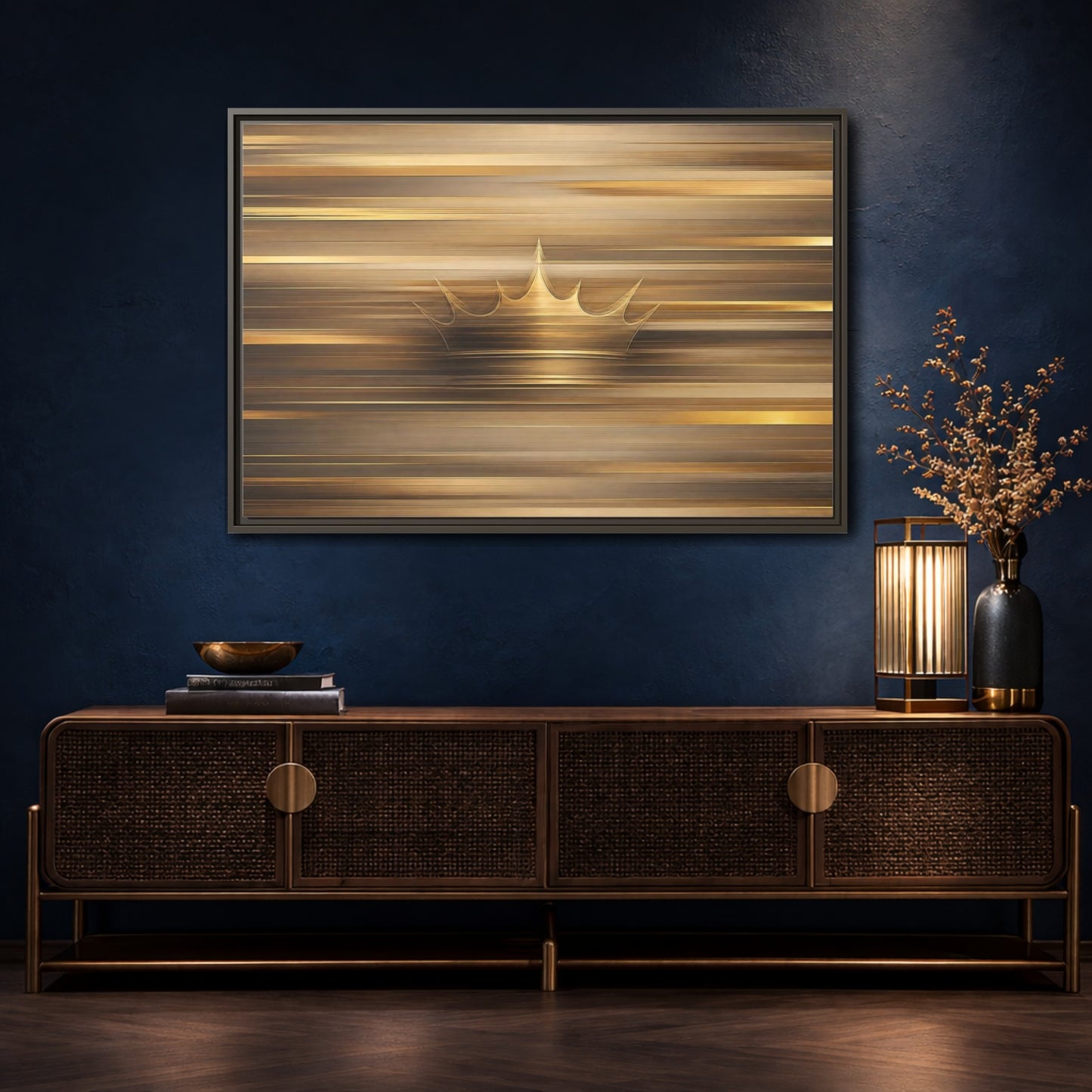 Mockup 4. Abstract Crown Gold And Brown shown as stretched canvas wall art