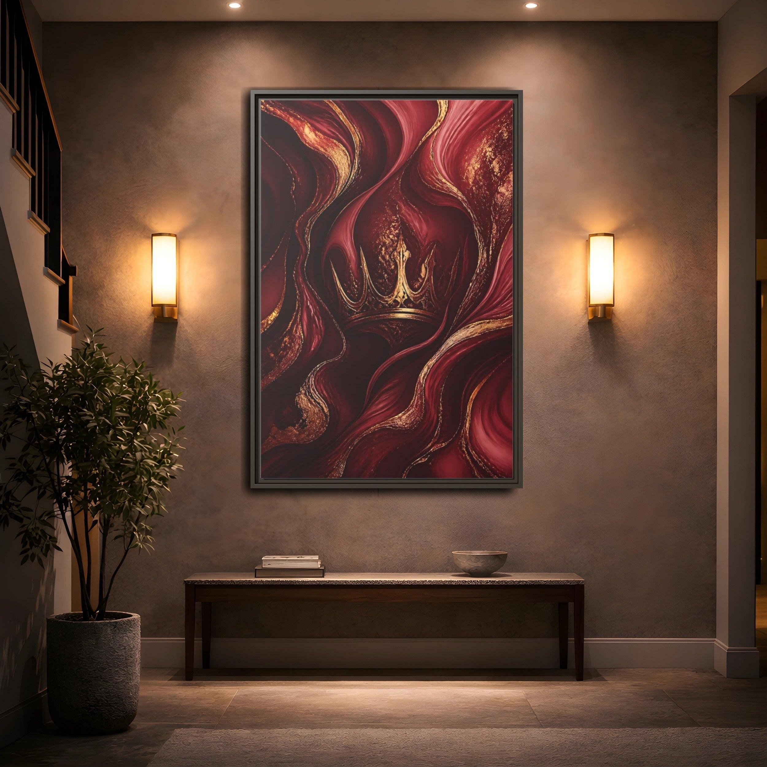 Mockup 2. Abstract Crown Red And Gold shown as stretched canvas wall art