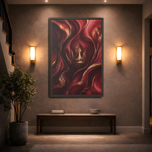 Mockup 2. Abstract Crown Red And Gold shown as stretched canvas wall art