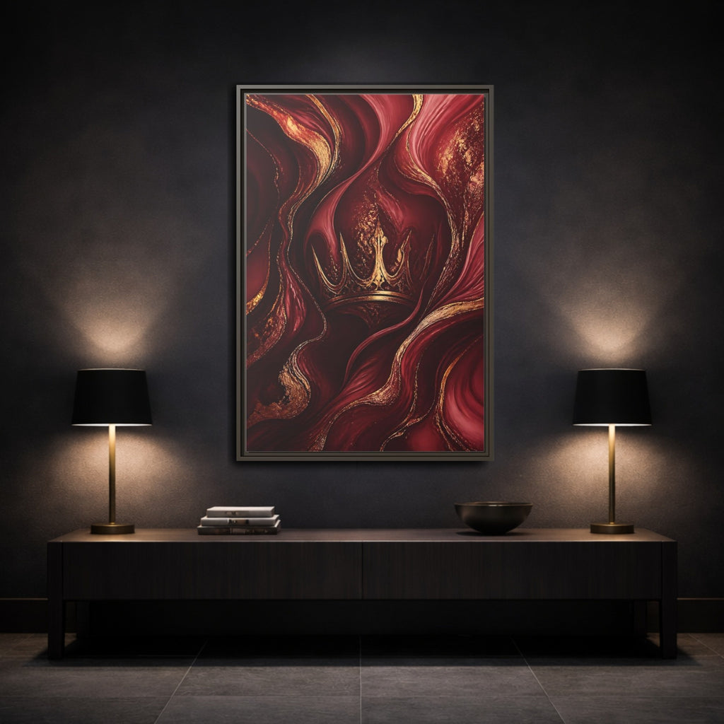 Mockup 3. Abstract Crown Red And Gold shown as stretched canvas wall art