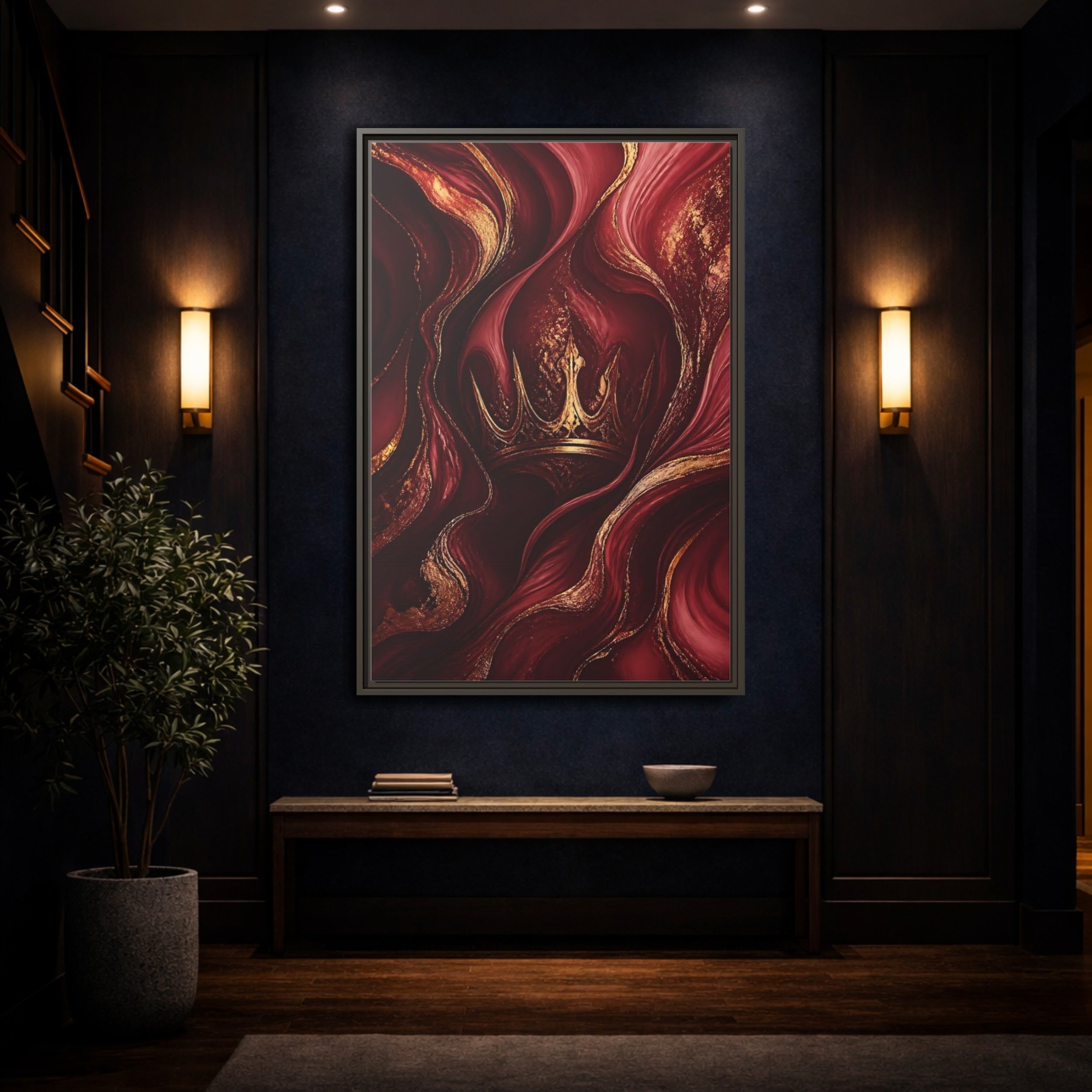 Mockup 4. Abstract Crown Red And Gold shown as stretched canvas wall art