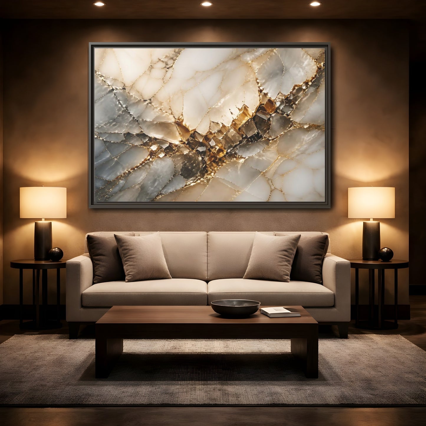 Mockup 2. Abstract Crystal Formation Gold And Gray Crystal shown as stretched canvas wall art