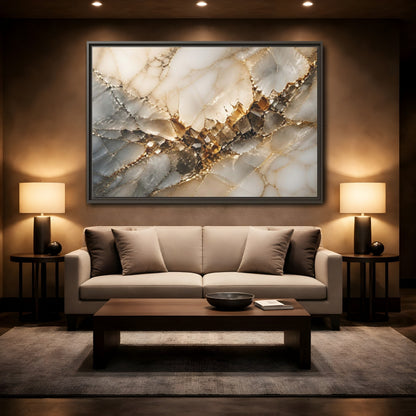 Mockup 2. Abstract Crystal Formation Gold And Gray Crystal shown as stretched canvas wall art