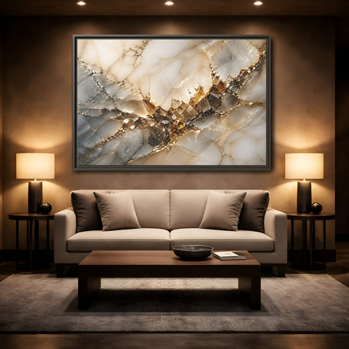 Mockup 2. Abstract Crystal Formation Gold And Gray Crystal shown as stretched canvas wall art