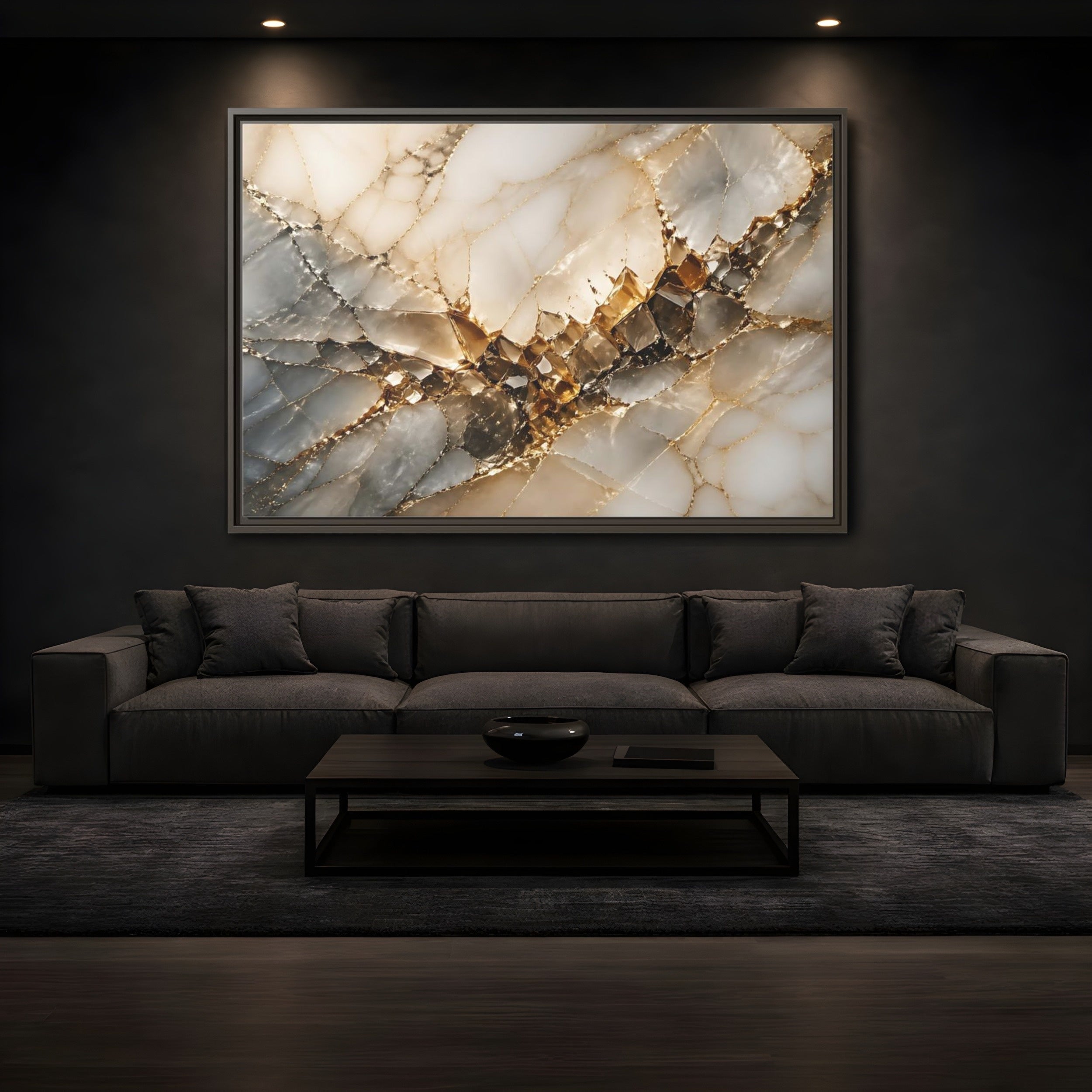Mockup 3. Abstract Crystal Formation Gold And Gray Crystal shown as stretched canvas wall art