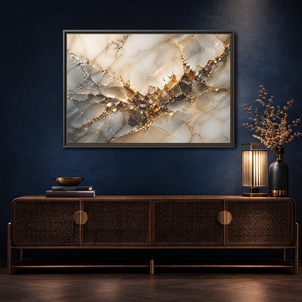 Mockup 4. Abstract Crystal Formation Gold And Gray Crystal shown as stretched canvas wall art
