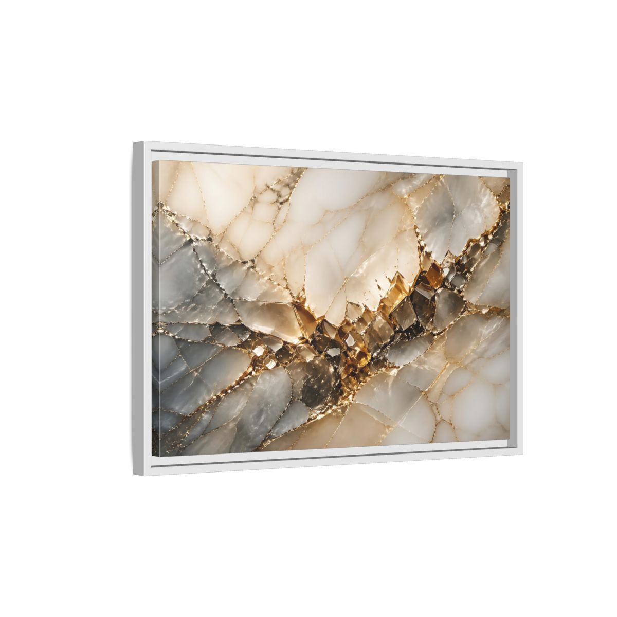 Side Mockup 1. Abstract Crystal Formation Gold And Gray Crystal shown as stretched canvas wall art