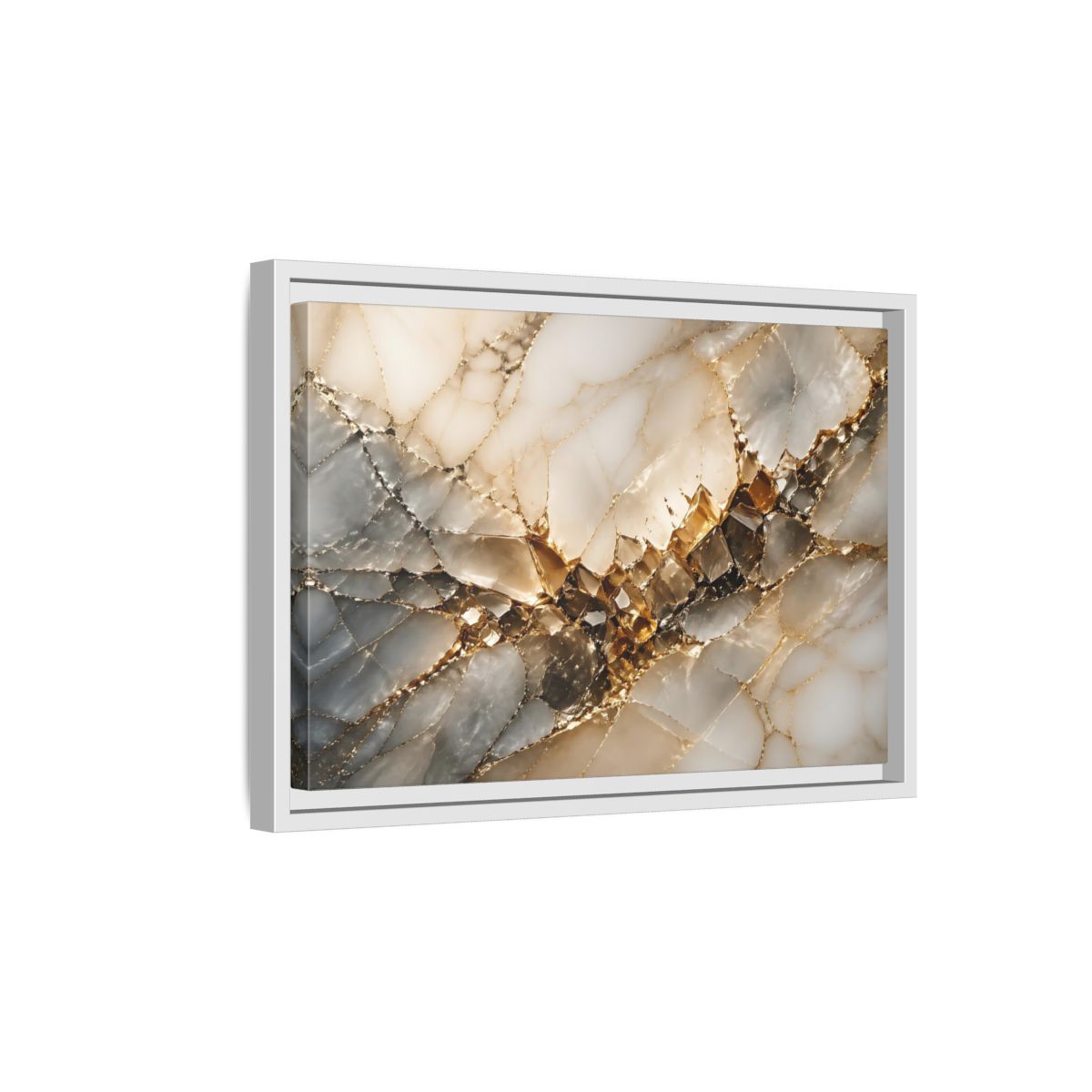 Side Mockup 4. Abstract Crystal Formation Gold And Gray Crystal shown as stretched canvas wall art