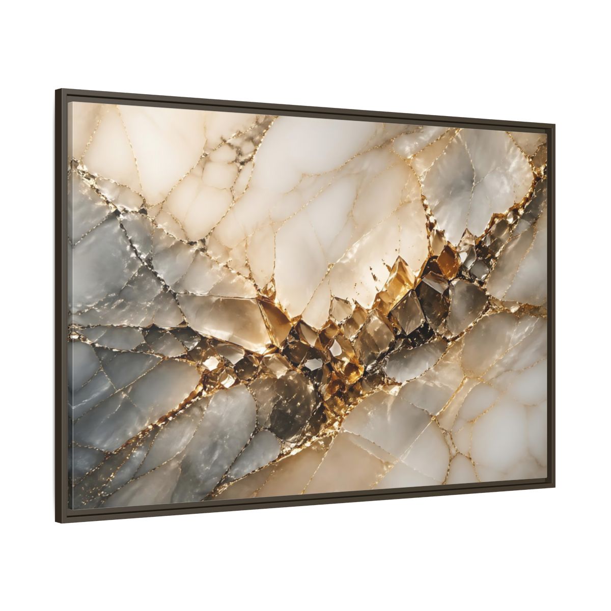 Side Mockup 8. Abstract Crystal Formation Gold And Gray Crystal shown as stretched canvas wall art