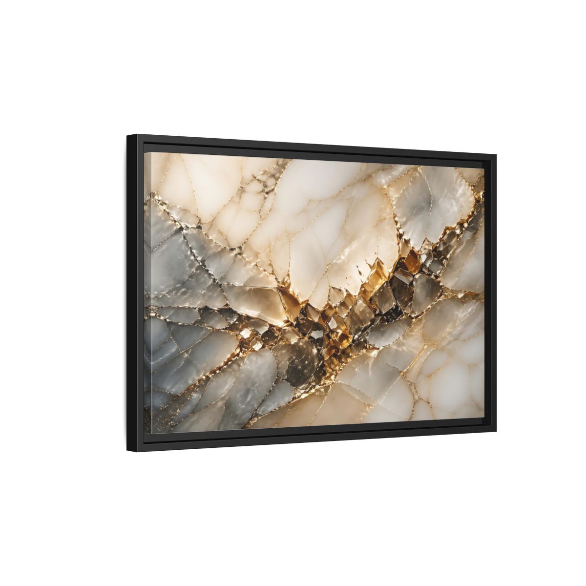 Side Mockup 3. Abstract Crystal Formation Gold And Gray Crystal shown as stretched canvas wall art