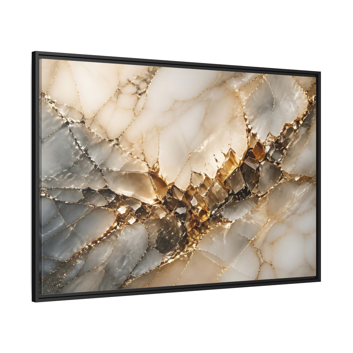 Side Mockup 12. Abstract Crystal Formation Gold And Gray Crystal shown as stretched canvas wall art