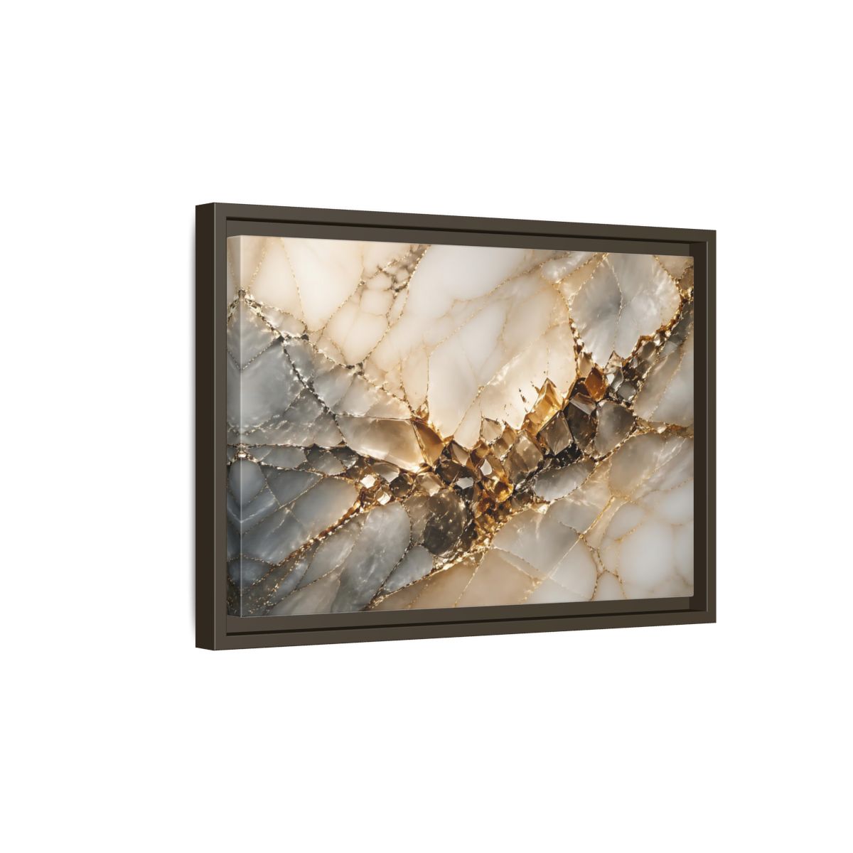 Side Mockup 5. Abstract Crystal Formation Gold And Gray Crystal shown as stretched canvas wall art