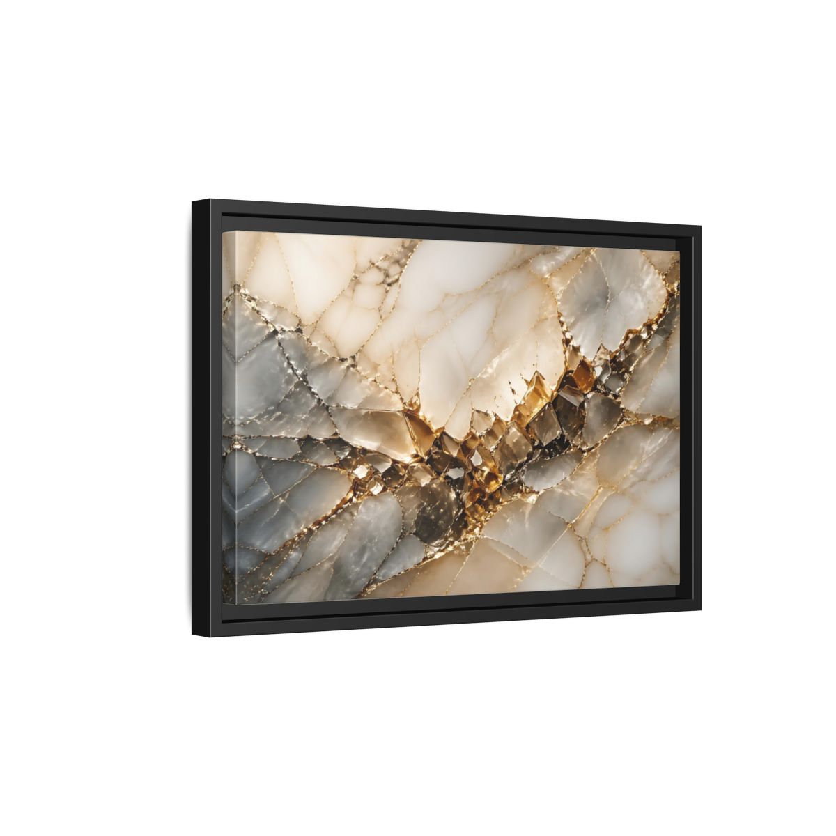 Side Mockup 6. Abstract Crystal Formation Gold And Gray Crystal shown as stretched canvas wall art