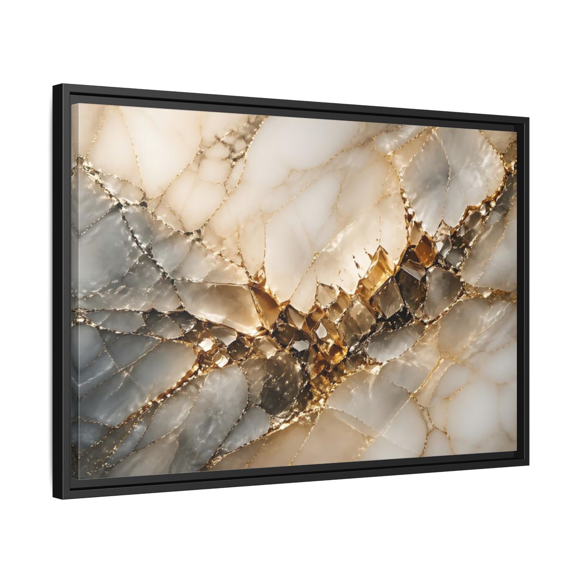Side Mockup 14. Abstract Crystal Formation Gold And Gray Crystal shown as stretched canvas wall art
