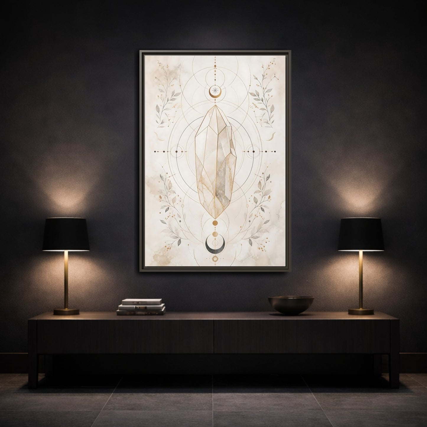 Abstract Crystal Gold Geometry Framed Canvas Wall Art - Living Room, Above Couch shown as canvas wall art