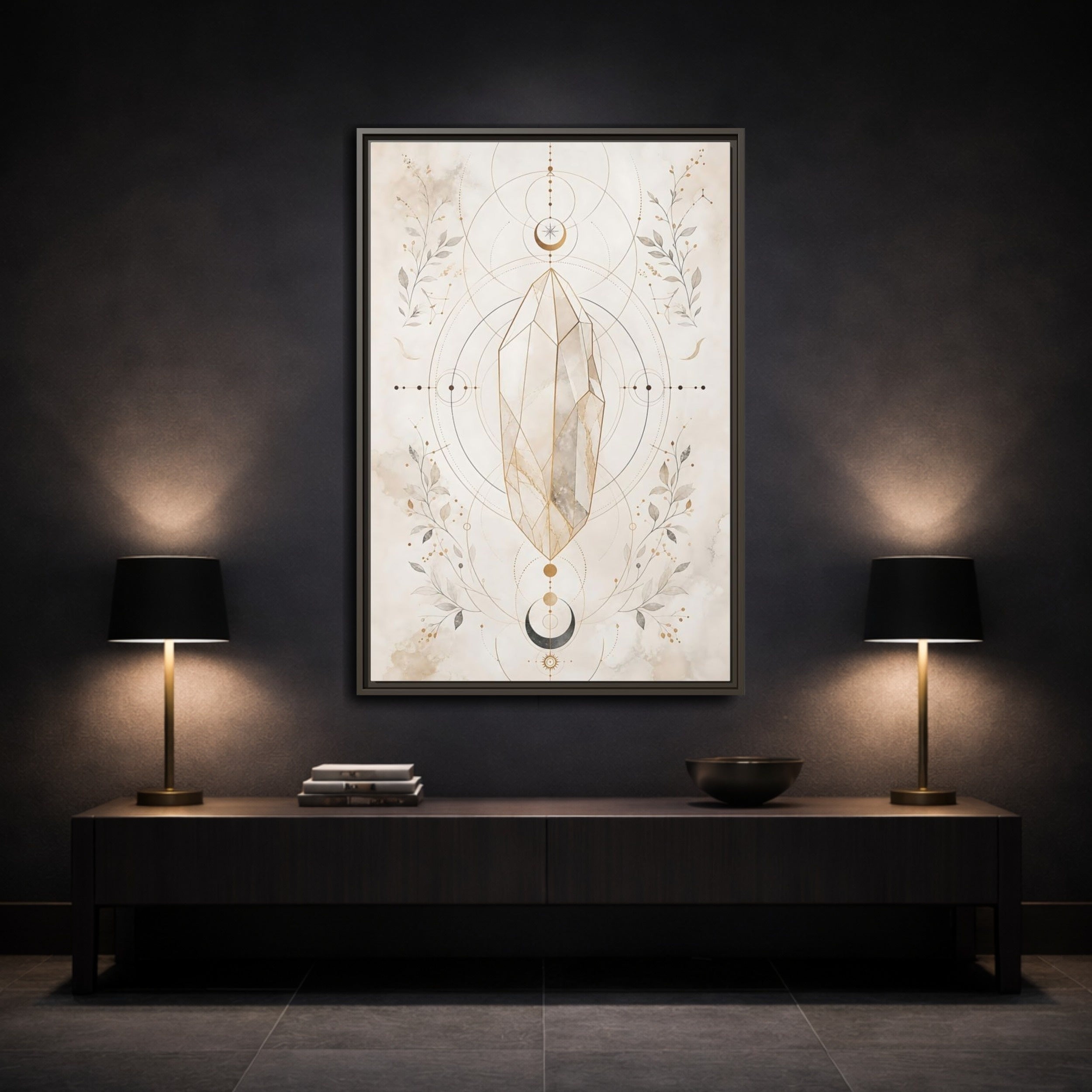 Mockup 3. Abstract Crystal Gold Crystal Geometry shown as stretched canvas wall art