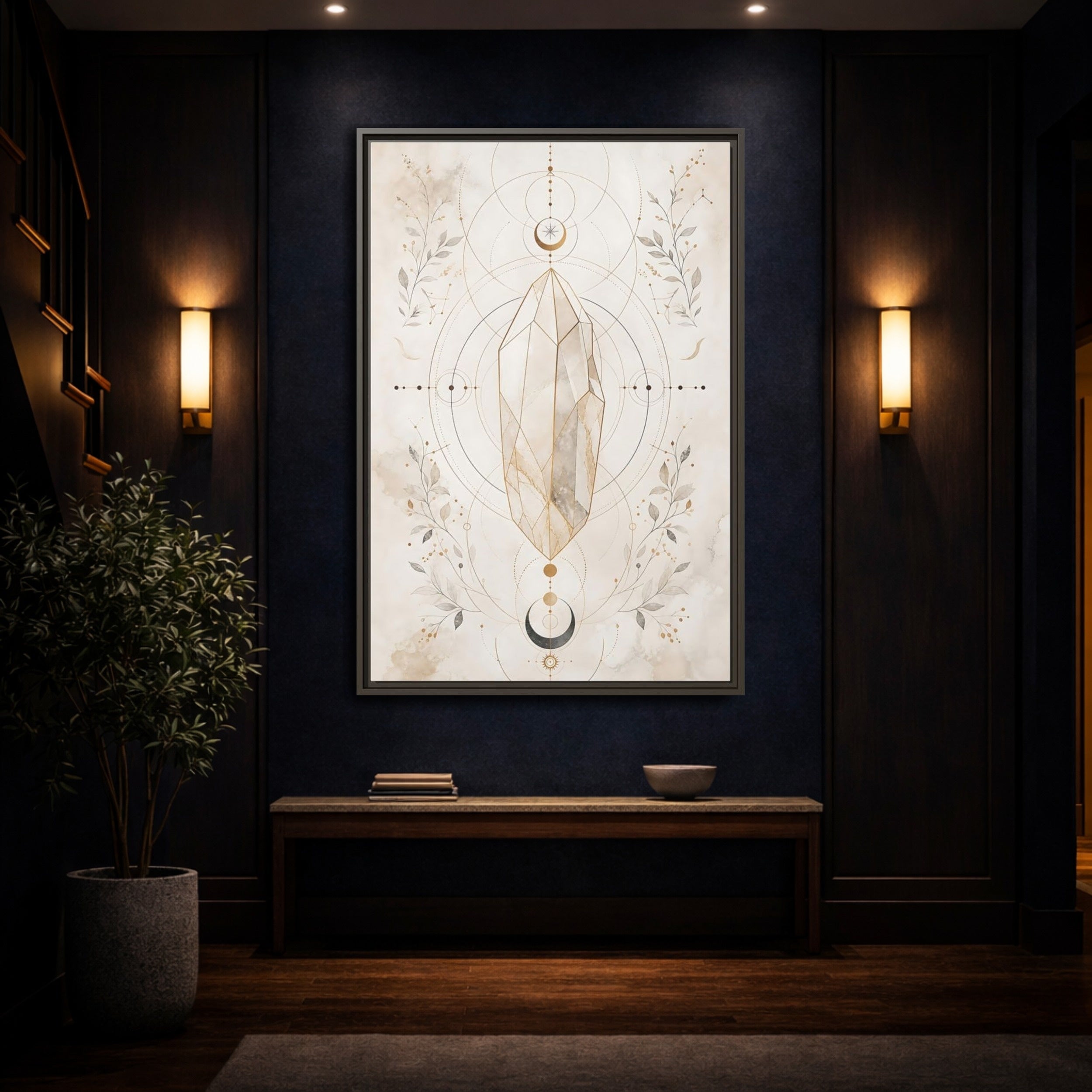 Mockup 4. Abstract Crystal Gold Crystal Geometry shown as stretched canvas wall art
