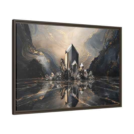 Main Mockup. Abstract Crystals Black Gold Crystal shown as stretched canvas wall art