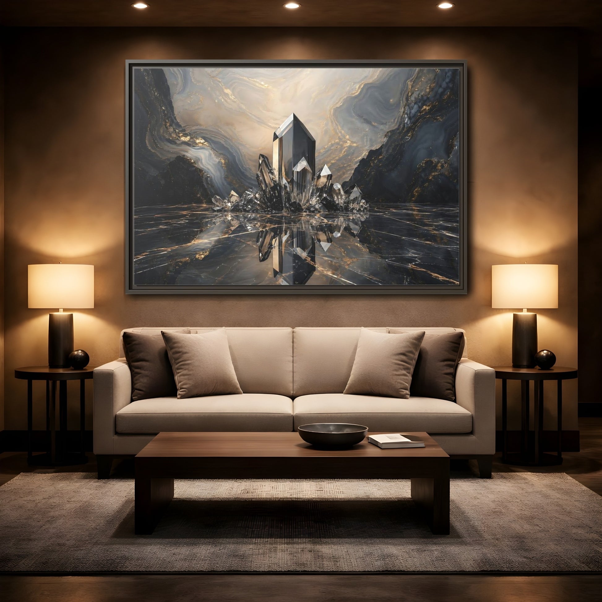 Mockup 2. Abstract Crystals Black Gold Crystal shown as stretched canvas wall art