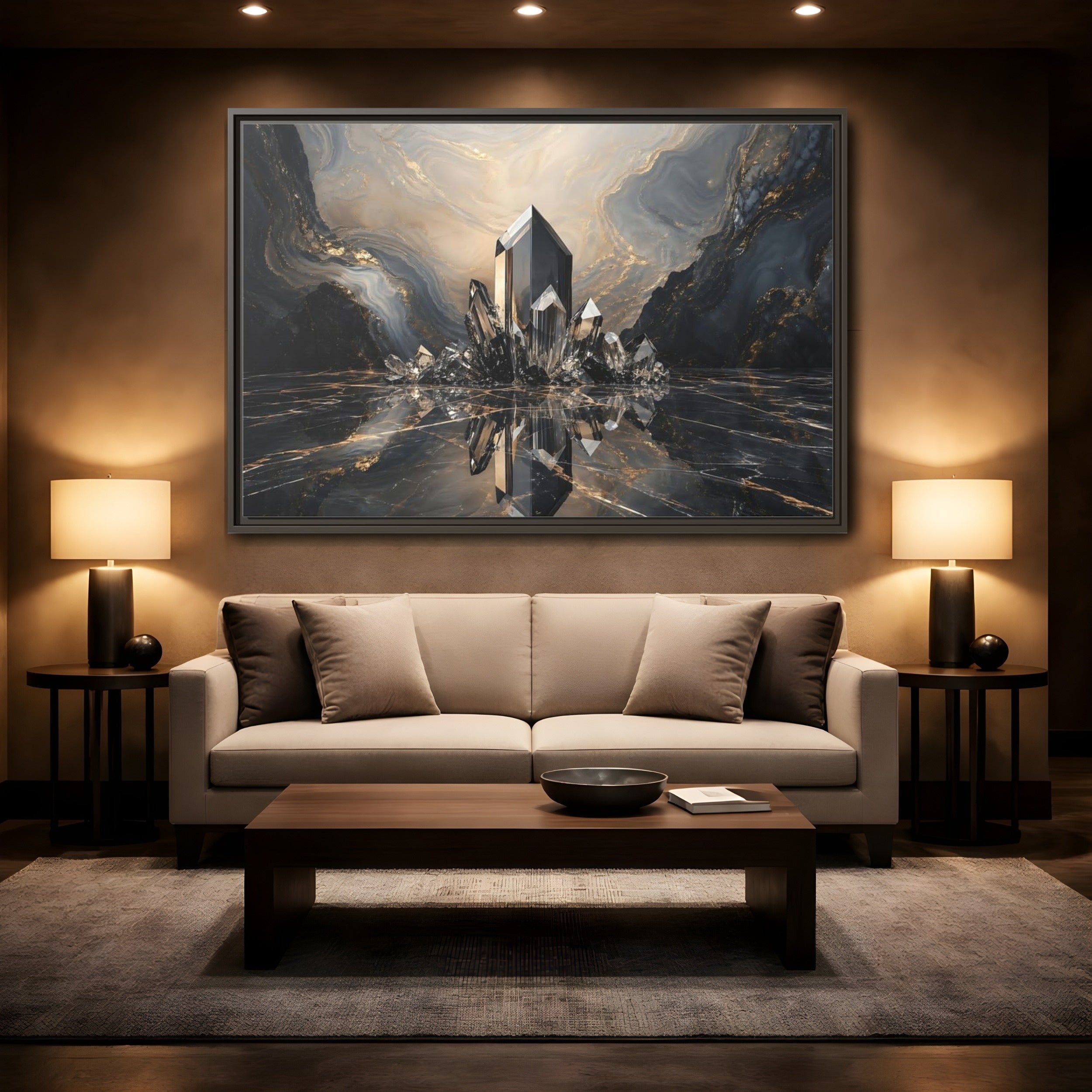 Mockup 2. Abstract Crystals Black Gold Crystal shown as stretched canvas wall art