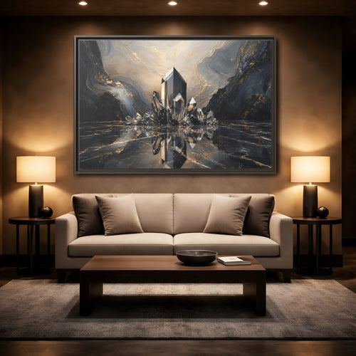 Mockup 2. Abstract Crystals Black Gold Crystal shown as stretched canvas wall art