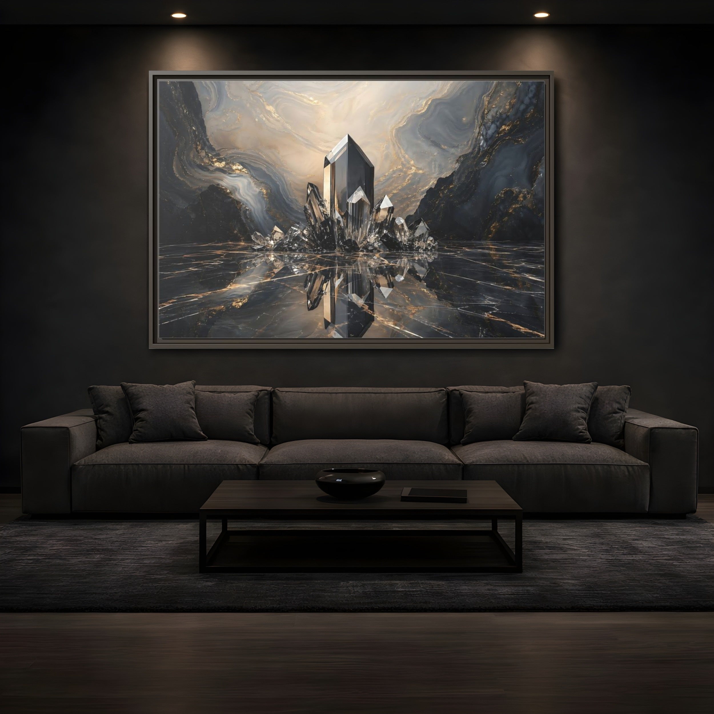 Mockup 3. Abstract Crystals Black Gold Crystal shown as stretched canvas wall art