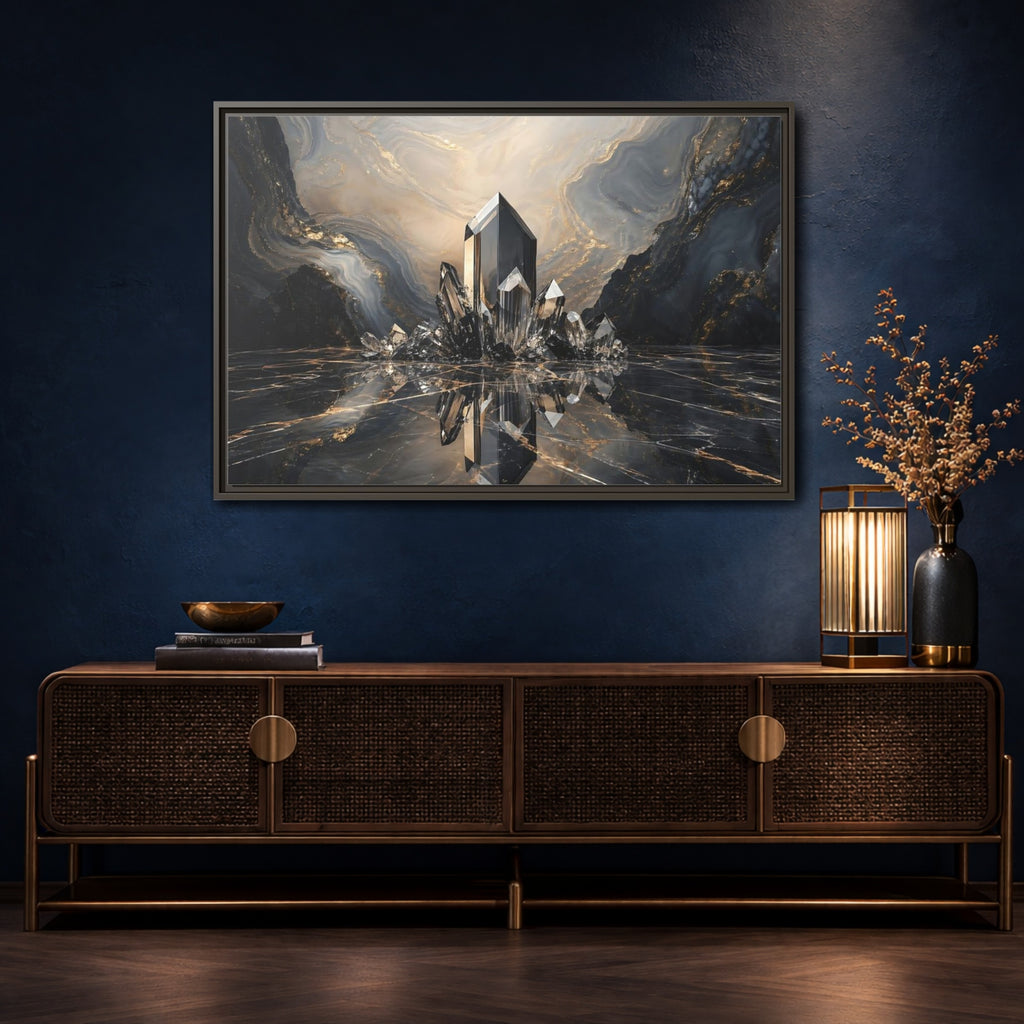 Mockup 4. Abstract Crystals Black Gold Crystal shown as stretched canvas wall art