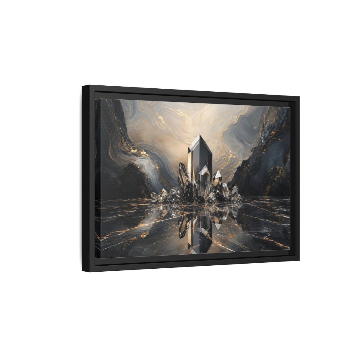 Side Mockup 6. Abstract Crystals Black Gold Crystal shown as stretched canvas wall art