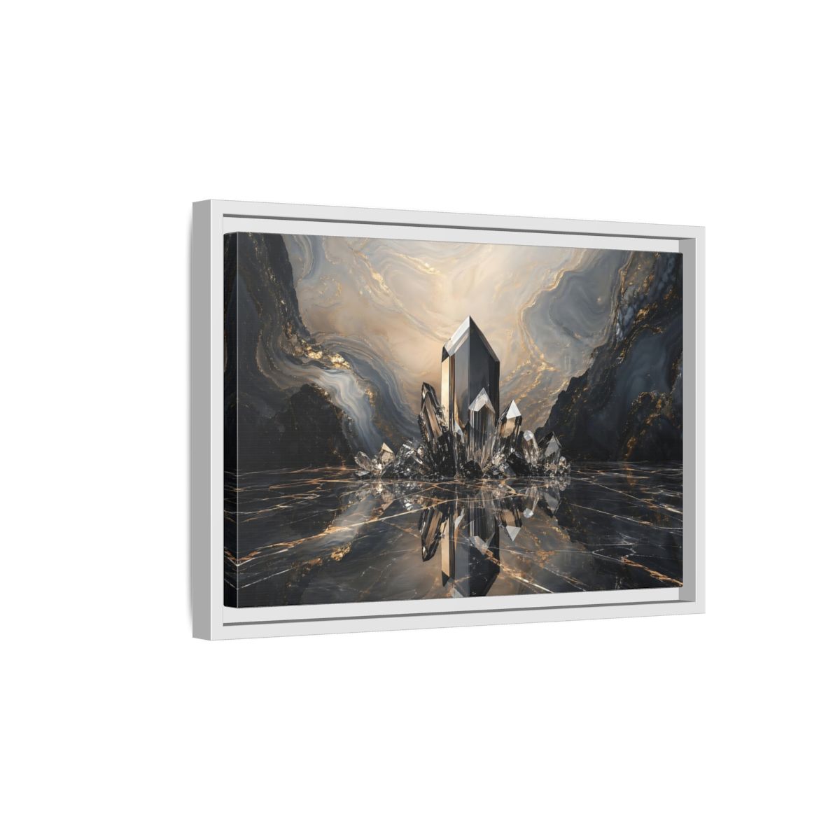 Side Mockup 4. Abstract Crystals Black Gold Crystal shown as stretched canvas wall art