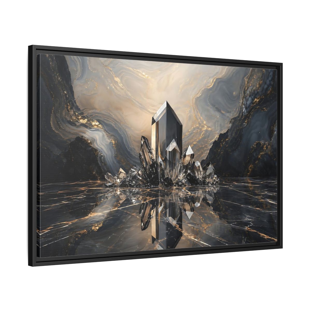 Side Mockup 13. Abstract Crystals Black Gold Crystal shown as stretched canvas wall art