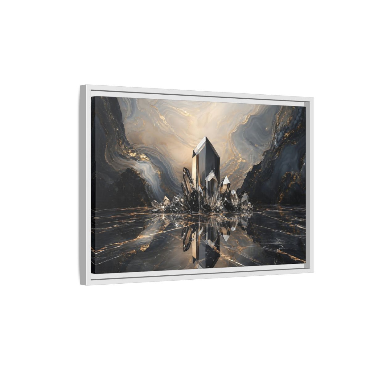 Side Mockup 1. Abstract Crystals Black Gold Crystal shown as stretched canvas wall art