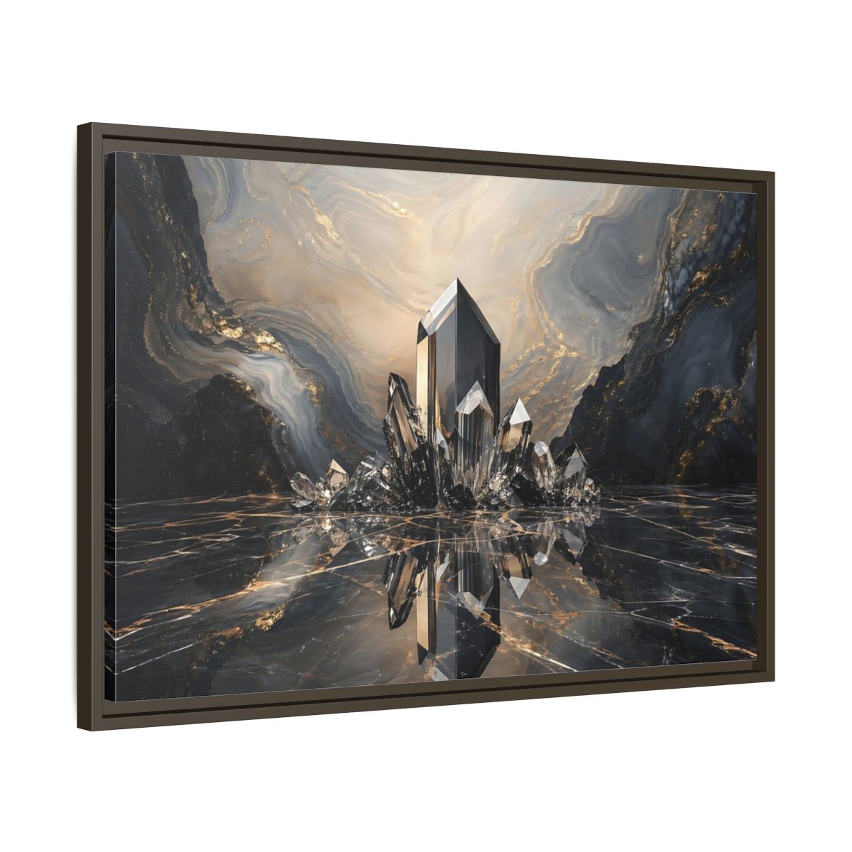 Side Mockup 11. Abstract Crystals Black Gold Crystal shown as stretched canvas wall art