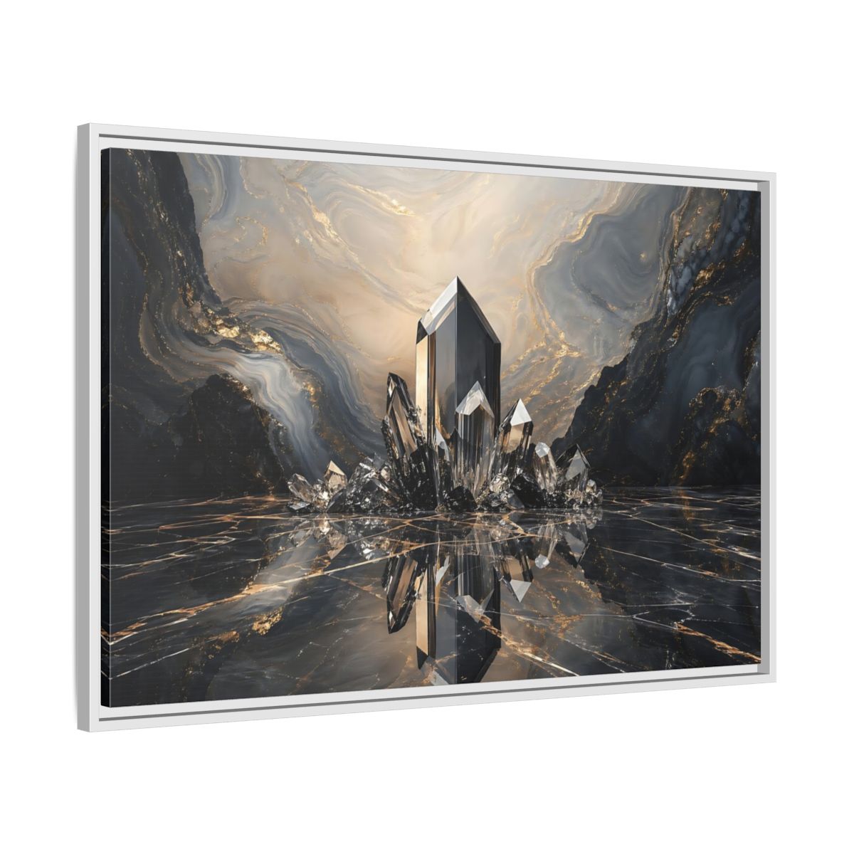 Side Mockup 9. Abstract Crystals Black Gold Crystal shown as stretched canvas wall art