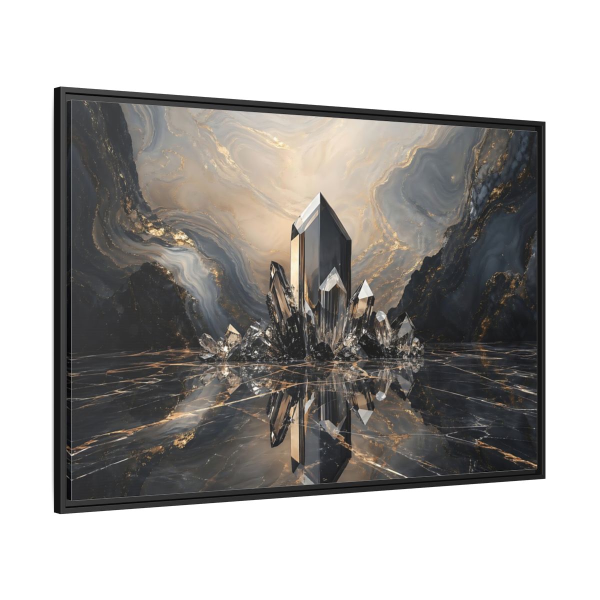 Side Mockup 12. Abstract Crystals Black Gold Crystal shown as stretched canvas wall art