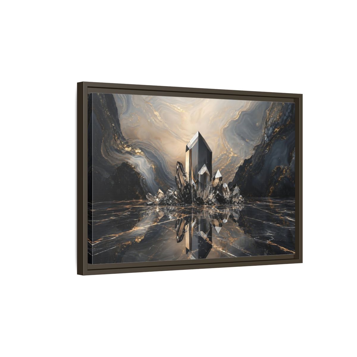 Side Mockup 2. Abstract Crystals Black Gold Crystal shown as stretched canvas wall art