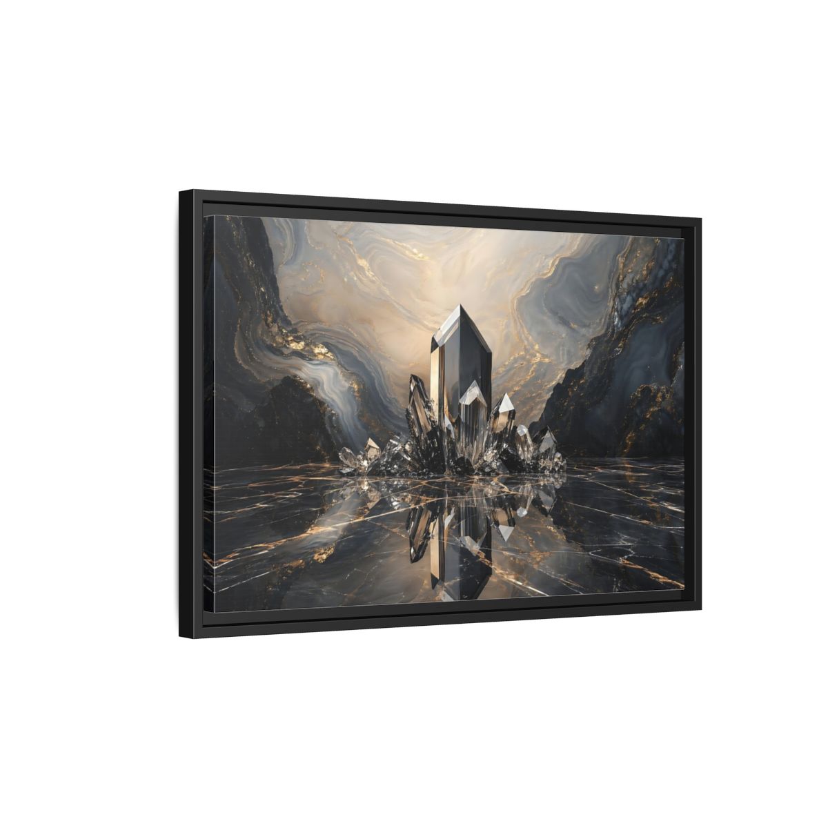 Side Mockup 3. Abstract Crystals Black Gold Crystal shown as stretched canvas wall art