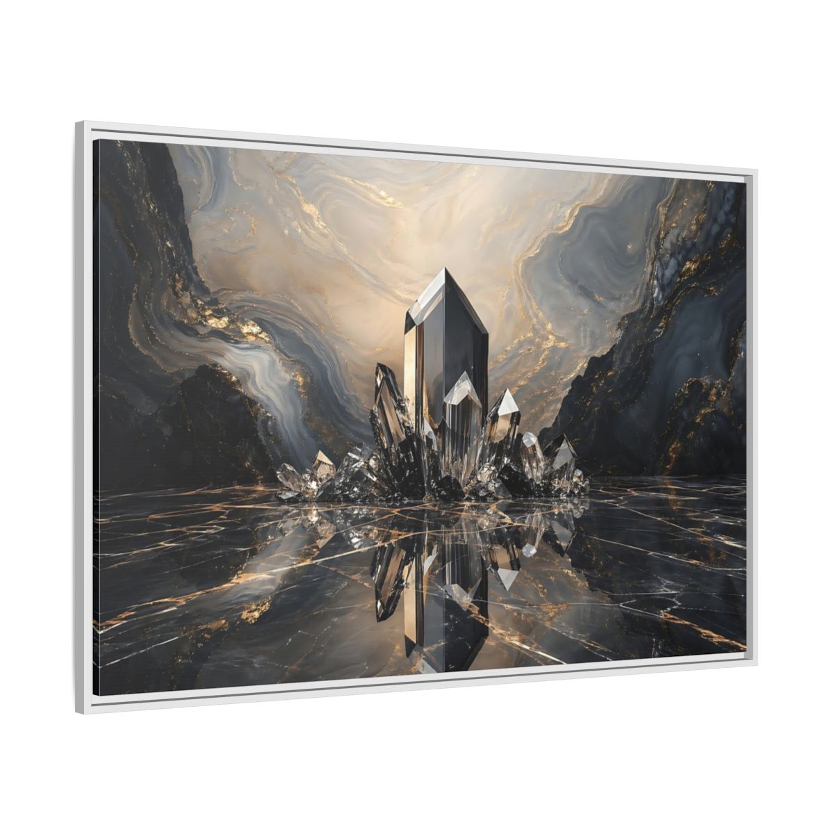 Side Mockup 7. Abstract Crystals Black Gold Crystal shown as stretched canvas wall art