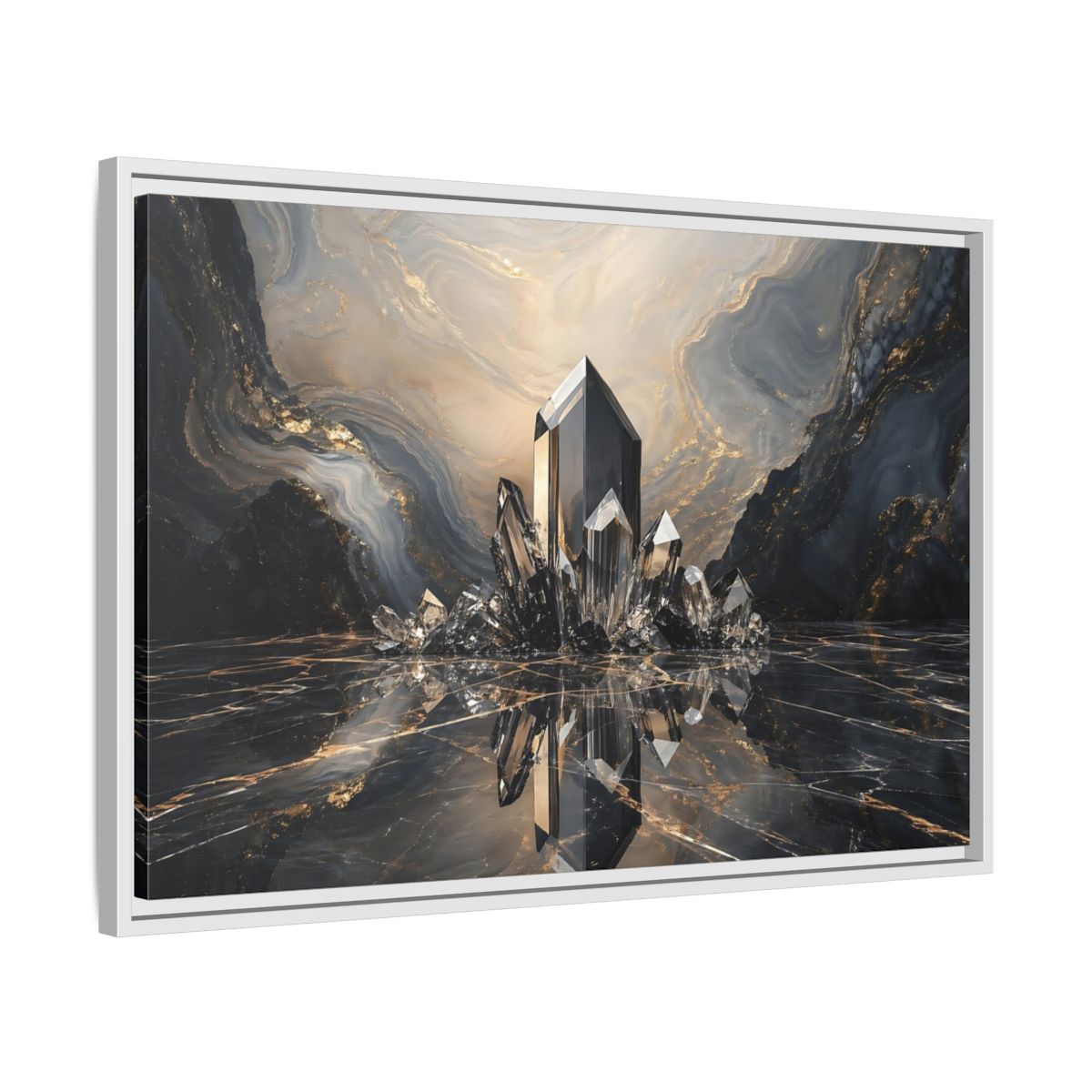 Side Mockup 10. Abstract Crystals Black Gold Crystal shown as stretched canvas wall art