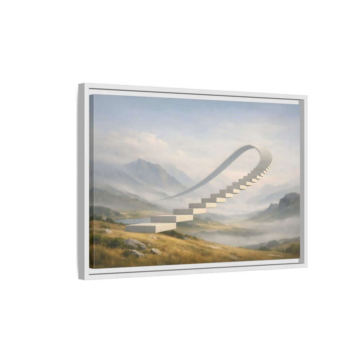 Side Mockup 1. Abstract Curved Staircase Misty Staircase shown as stretched canvas wall art