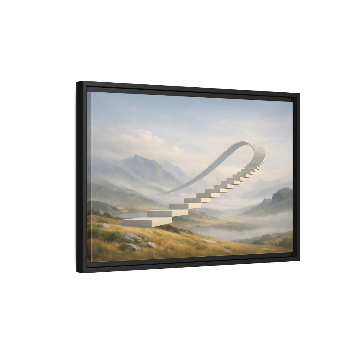 Side Mockup 3. Abstract Curved Staircase Misty Staircase shown as stretched canvas wall art