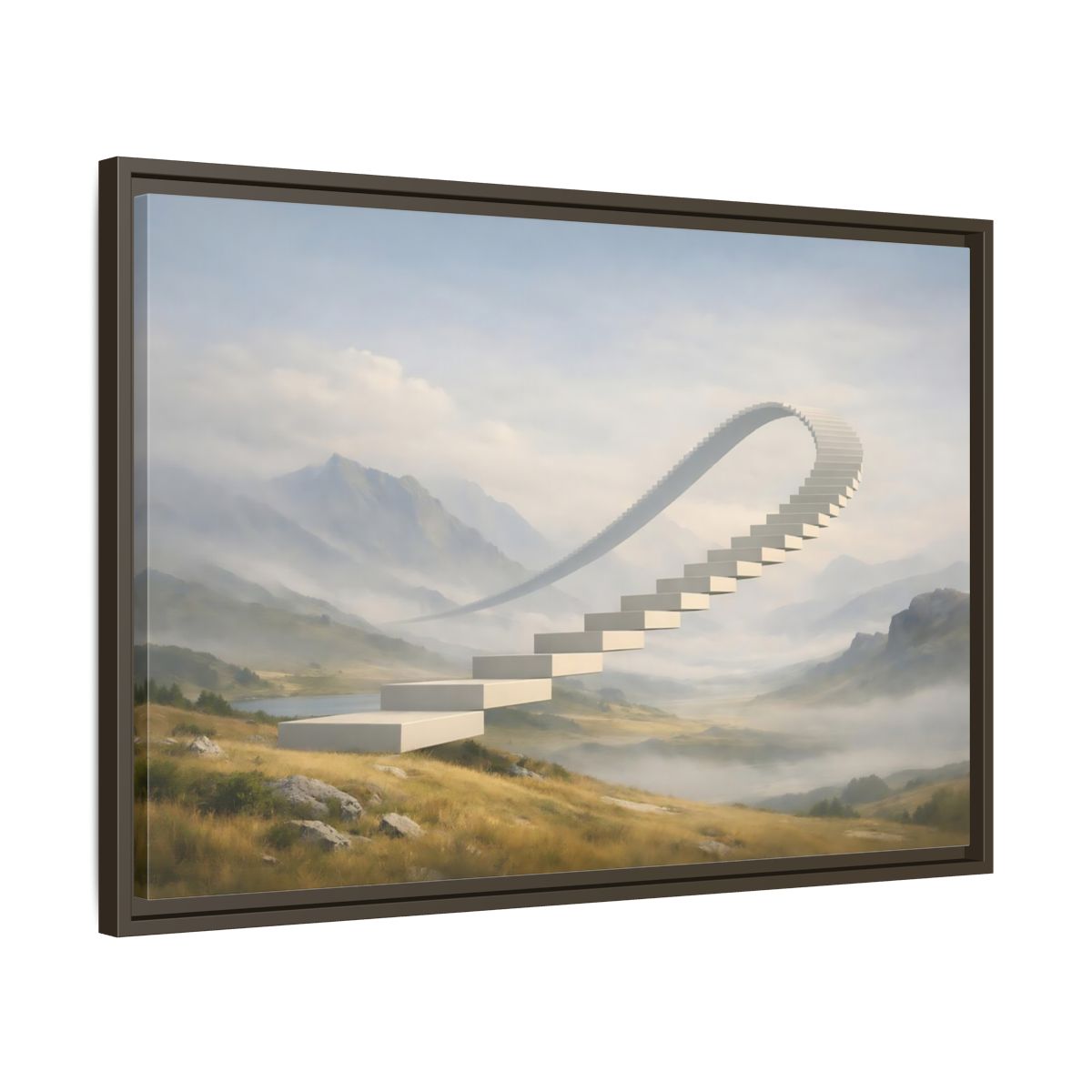 Side Mockup 11. Abstract Curved Staircase Misty Staircase shown as stretched canvas wall art