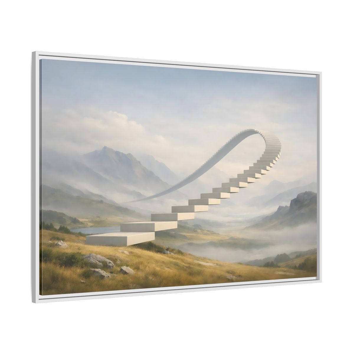 Side Mockup 7. Abstract Curved Staircase Misty Staircase shown as stretched canvas wall art