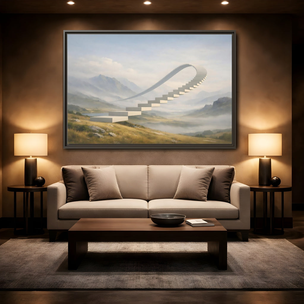 Mockup 2. Abstract Curved Staircase Misty Staircase shown as stretched canvas wall art