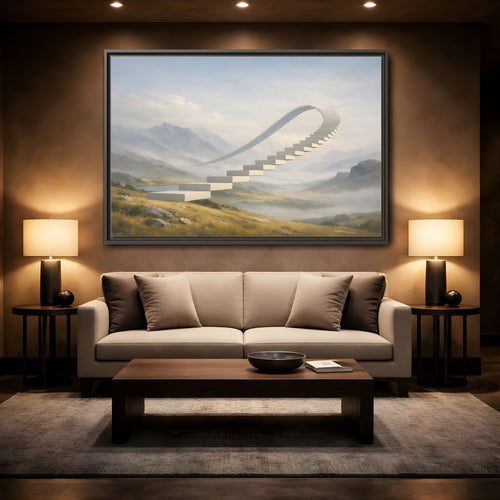 Mockup 2. Abstract Curved Staircase Misty Staircase shown as stretched canvas wall art