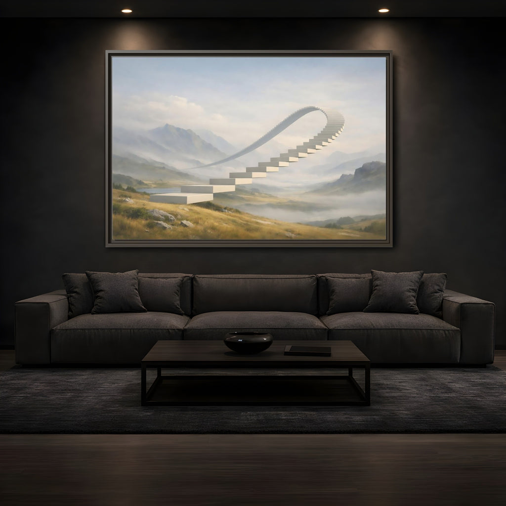 Mockup 3. Abstract Curved Staircase Misty Staircase shown as stretched canvas wall art