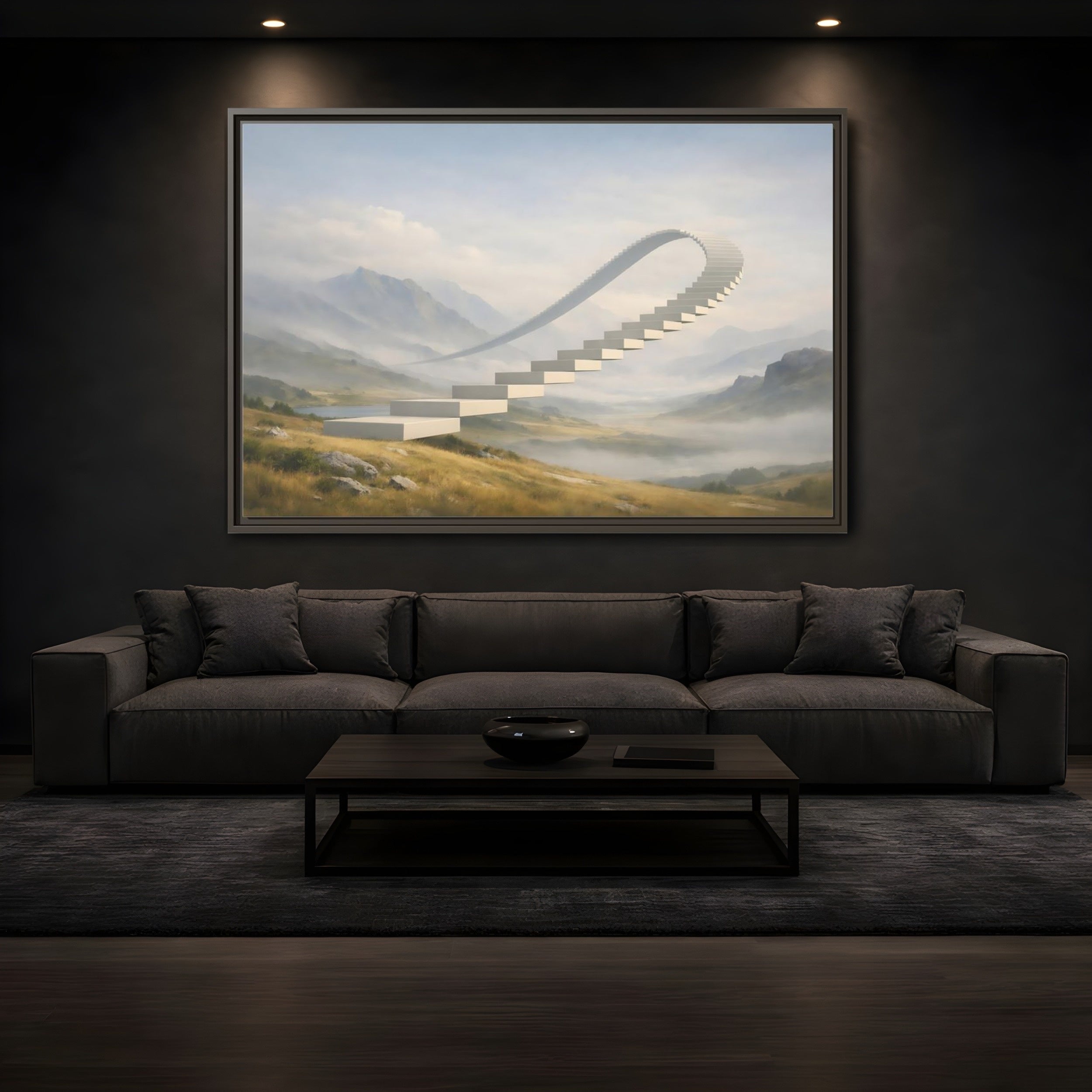 Mockup 3. Abstract Curved Staircase Misty Staircase shown as stretched canvas wall art