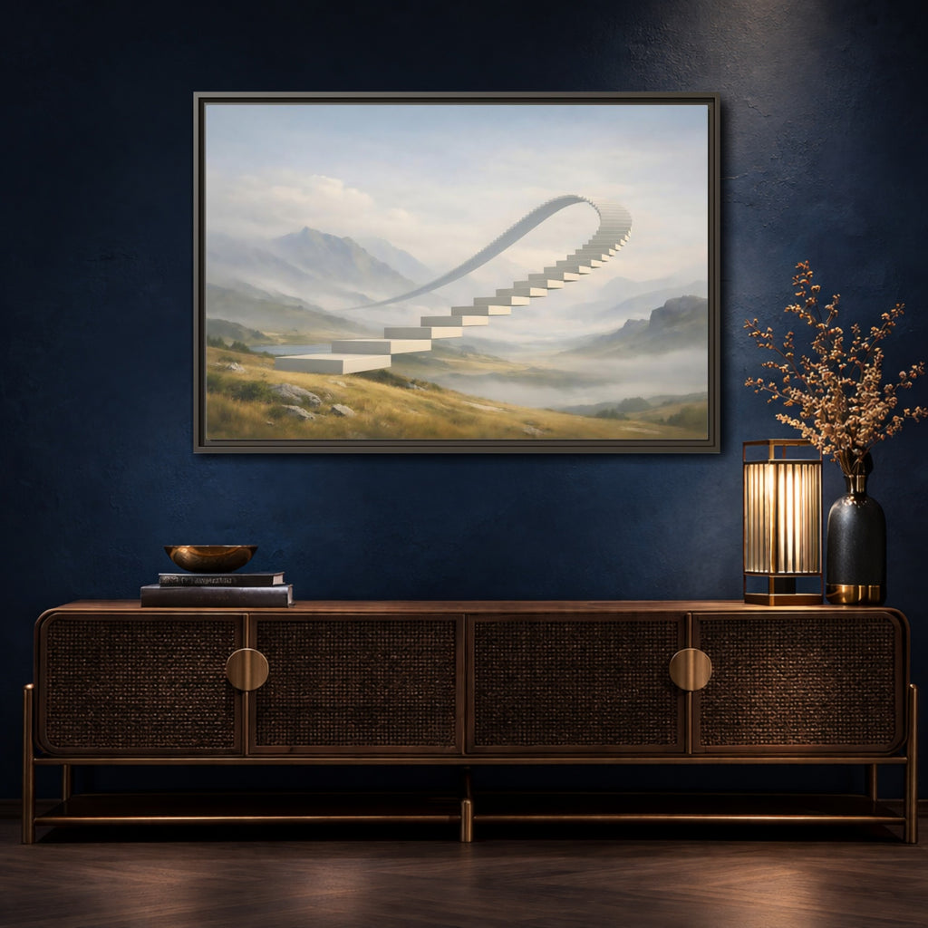 Mockup 4. Abstract Curved Staircase Misty Staircase shown as stretched canvas wall art