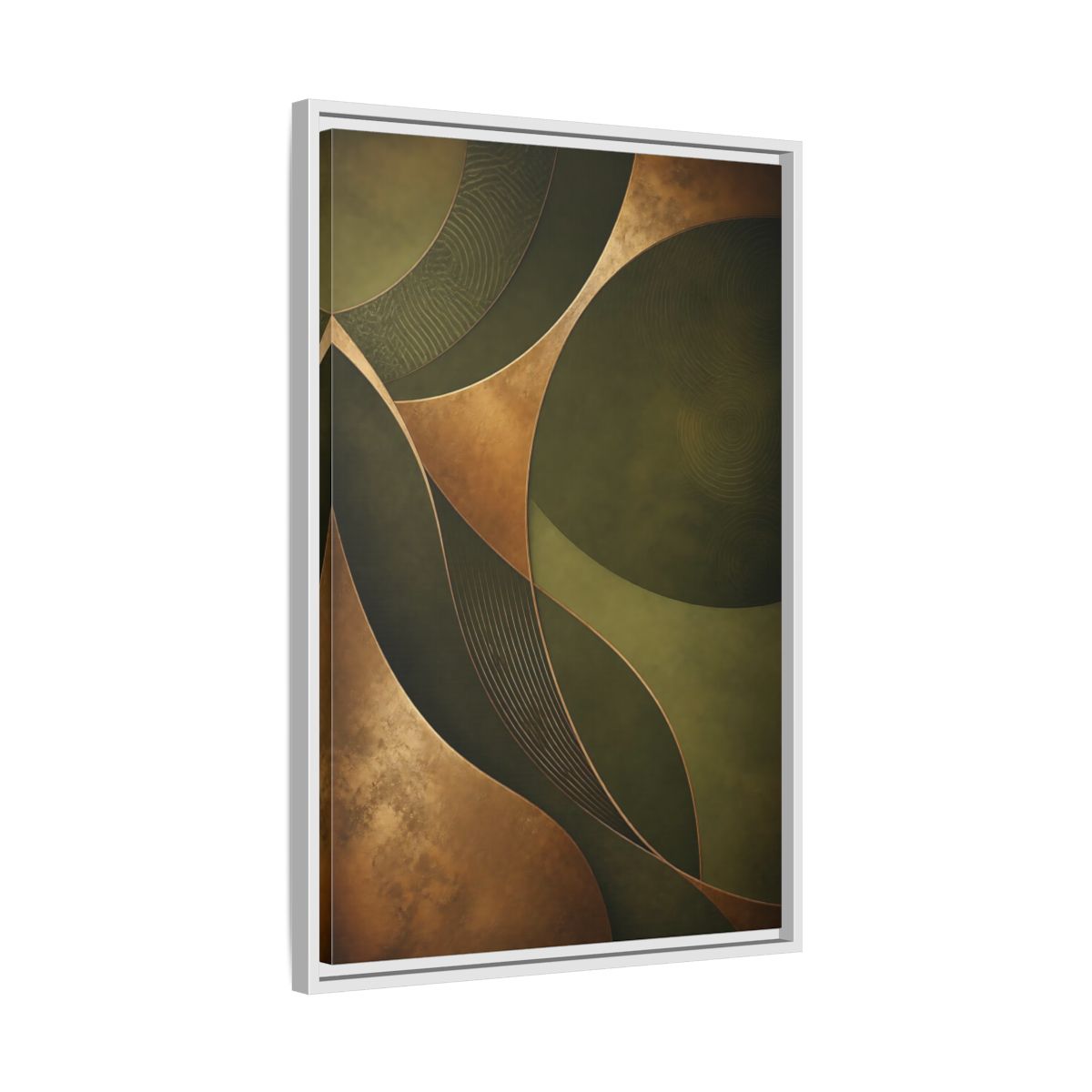 Side Mockup 10. Abstract Abstract Curves Green And Gold shown as stretched canvas wall art